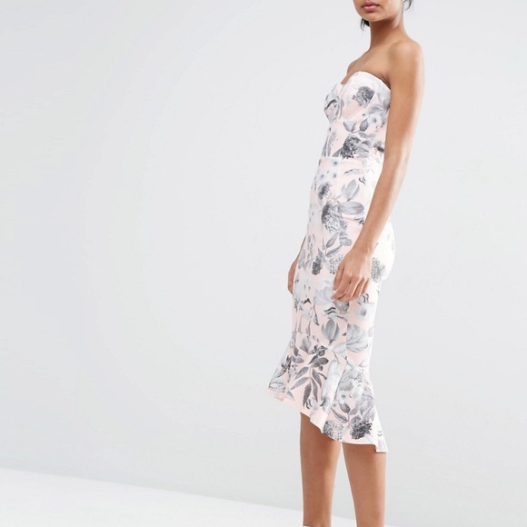 ASOS Pink and Grey Floral Bandeau Peplum Midi Dress - Picture 8 of 10